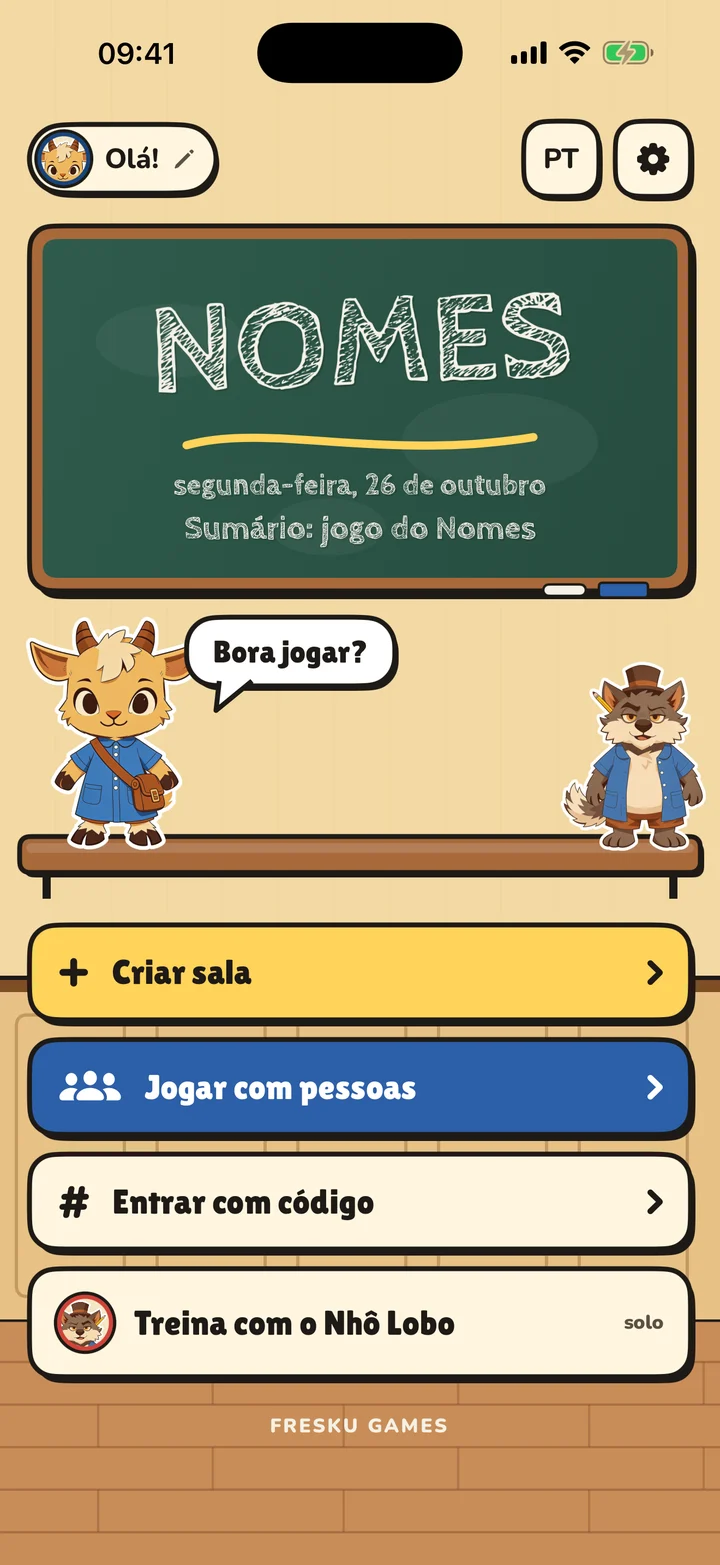 NOMES screen: the home board, with Xibinho and Nhô Lobo